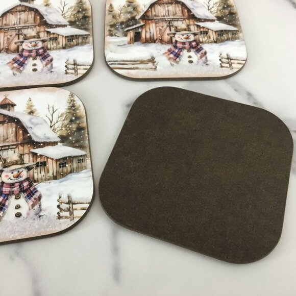 Rustic Country Snowman Wood Hardboard Coasters Set of 4 - Picture 7 of 9